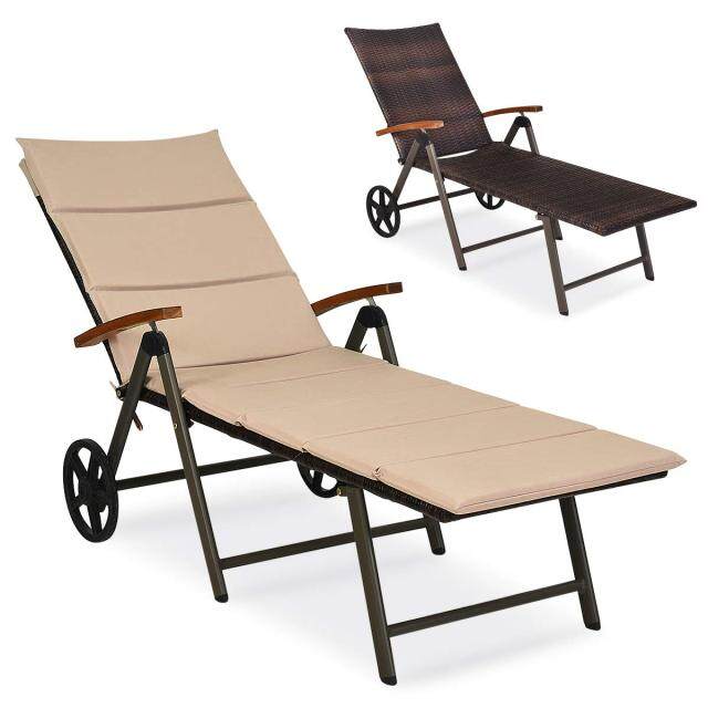 Folding Rattan Lounge with Wheels Aluminum Patio Lounger with 7 Adjustable Positions
