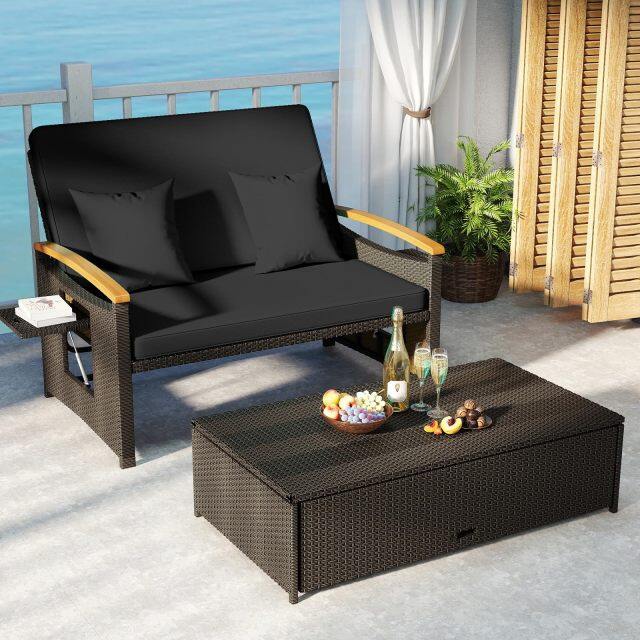 Outdoor Loveseat Sofa with Storage Ottoman for Yard