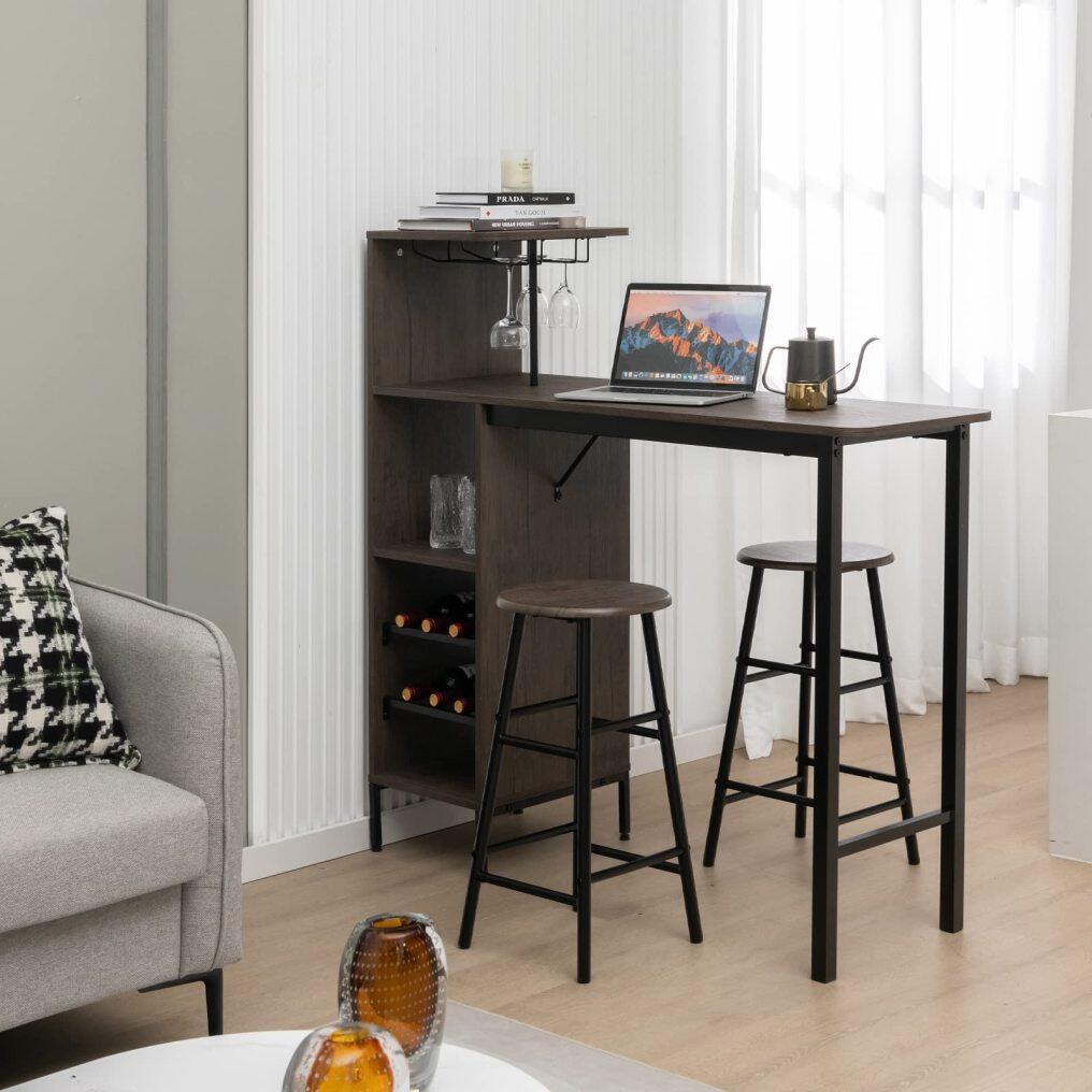 3 Pieces Bar Table and Chair Se Industrial Pub Table & Stools with Wine Glass Holders & 6-Bottle Wine Racks