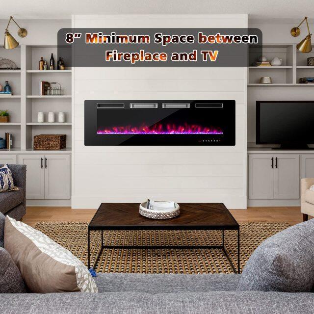 60-Inch Wide Electric Fireplace, 3.19-Inch Deep Ultra-Thin Wall-Mounted and Recessed Fireplace Heater