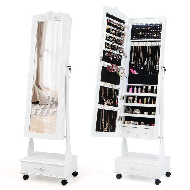 6 LEDs Mirror Jewelry Cabinet with Wheels Floor Standing Jewelry Armoire for Living Room Bedroom