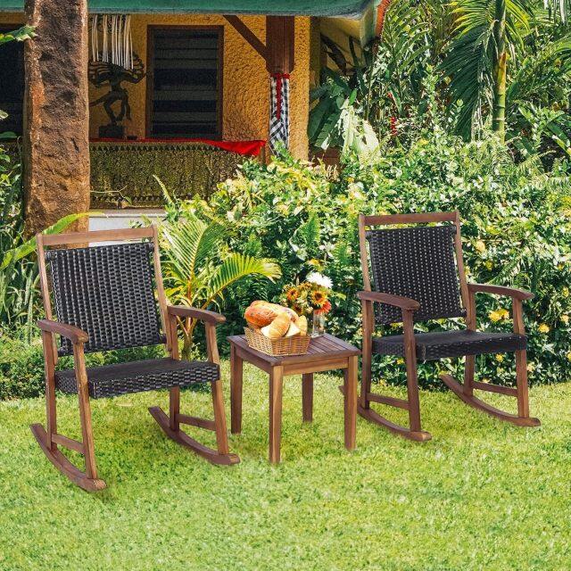 3 Pieces Patio Rocking Chair Set with Acacia Wood Frame Armrest