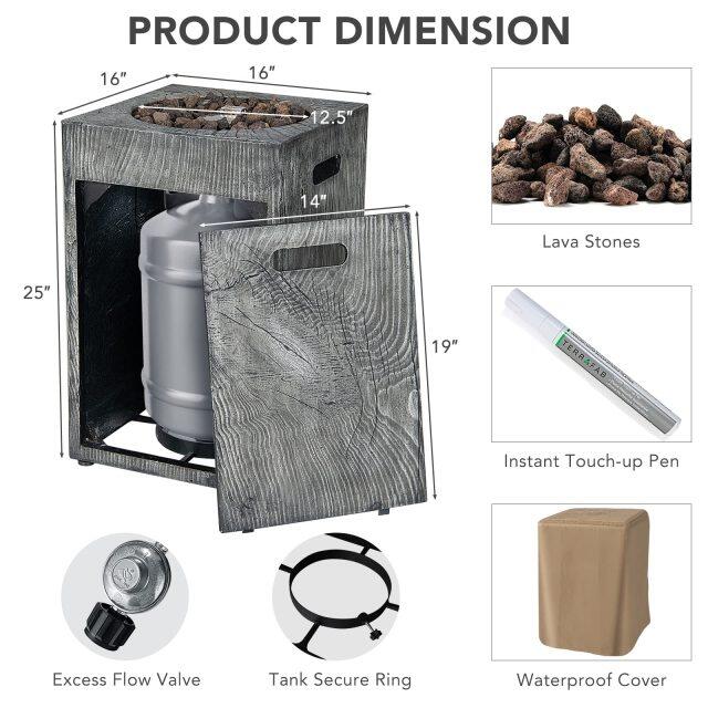 16-Inch Outdoor Propane Fire Pit 30,000 BTU Patiojoy Electronic Ignition Square Gas Fire Pit with Protective Cover