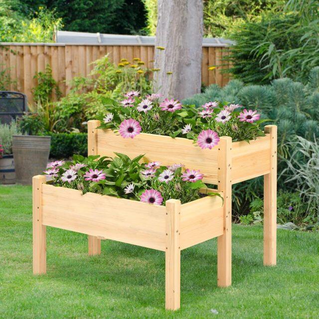 2-Tier Wooden Elevated Planter Box Stand with Legs for Vegetables Flowers Herbs