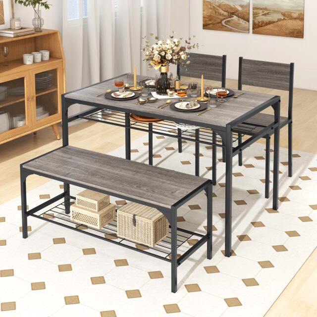 4 Pieces Dining Table Set Kitchen Table and 2 Chairs for 4 with Bench