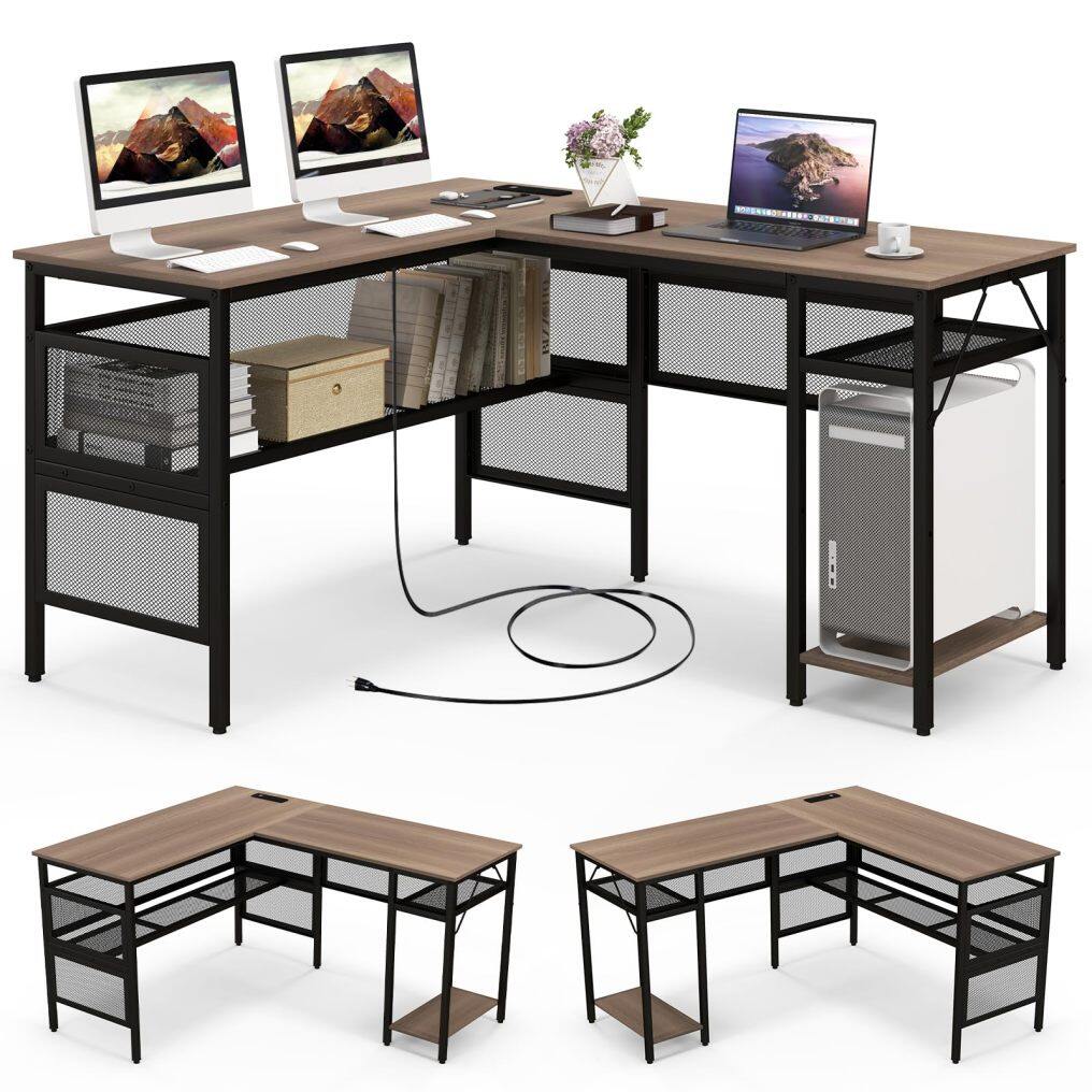 L Shaped Desk with Charging Station 55” Reversible Corner Computer Desk with Mesh Storage Shelves