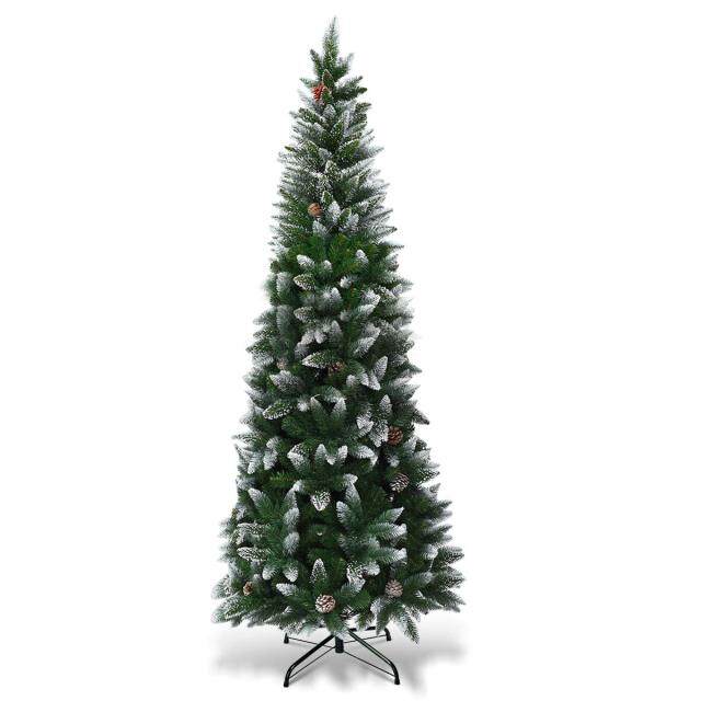 7.5FT Artificial Snow Flocked Pencil Christmas Tree Slim X-mas Tree with 720 Branch Tips