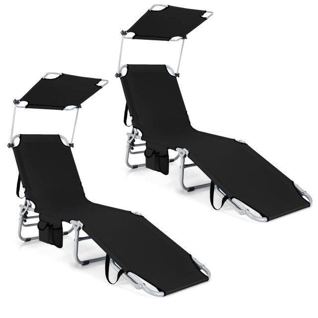 Beach Foldable Chaise Lounge with Canopy Adjustable Backrest & Side Pocket