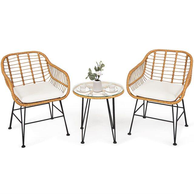 3-Piece Rattan Patio Bistro Set with 2 Cushioned Armchairs & Coffee Table
