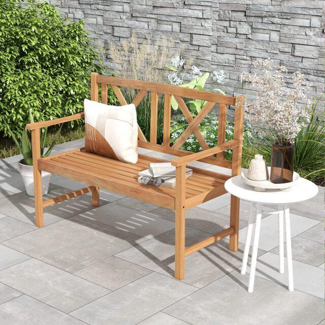 Outdoor Acacia Wood Loveseat with Curved Armrest & Backrest