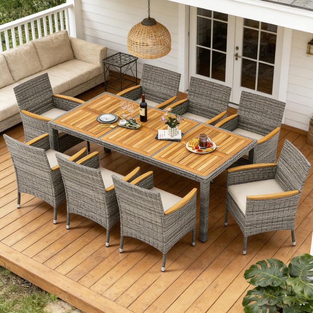 9-Piece Outdoor Rattan Wicker Table and Chairs Furniture Set with Umbrella Hole
