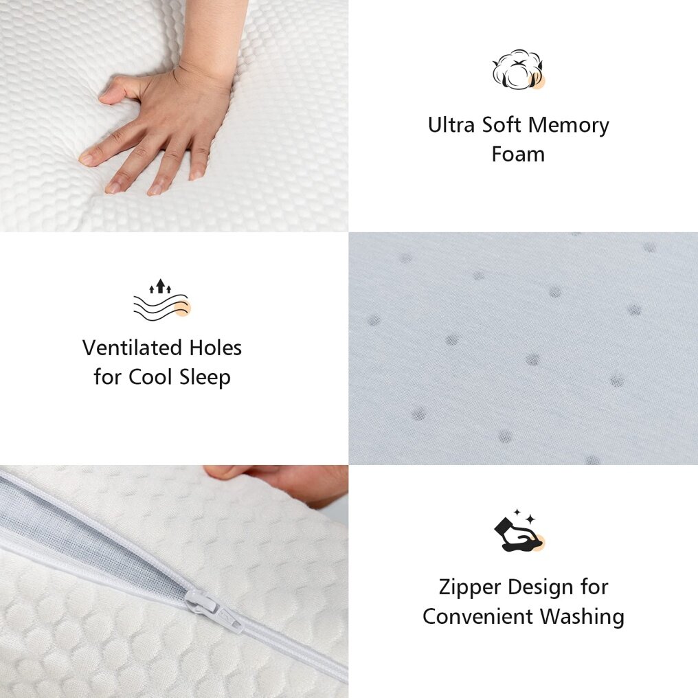 Memory Foam Pillow, Ventilated Comfortable Ergonomic Bed Pillow w/ Zippered Washable Cover
