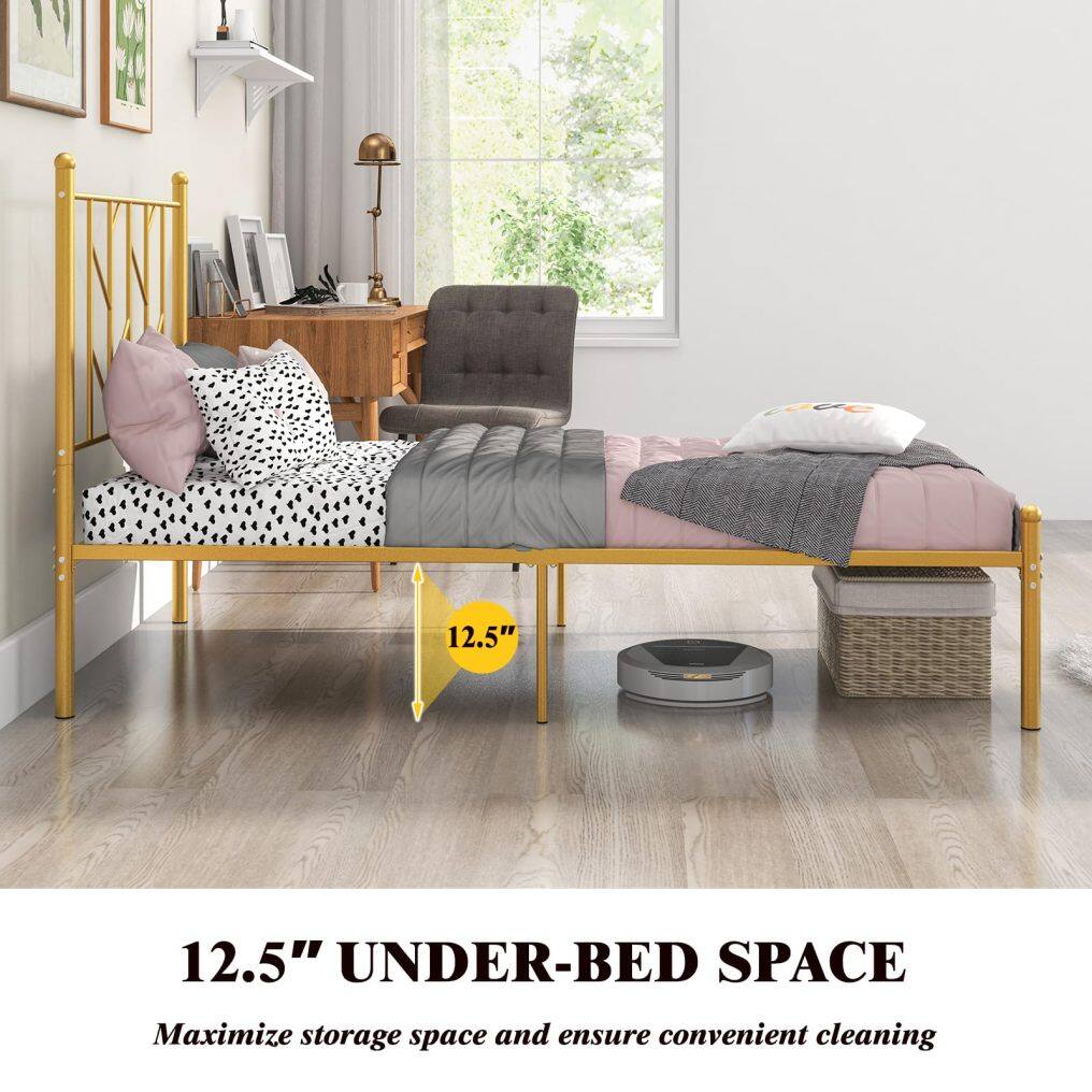 KOMFOTT Gold Twin Metal Platform Bed Frame, Heavy-Duty Metal Bed Frame with Sturdy Slats Support