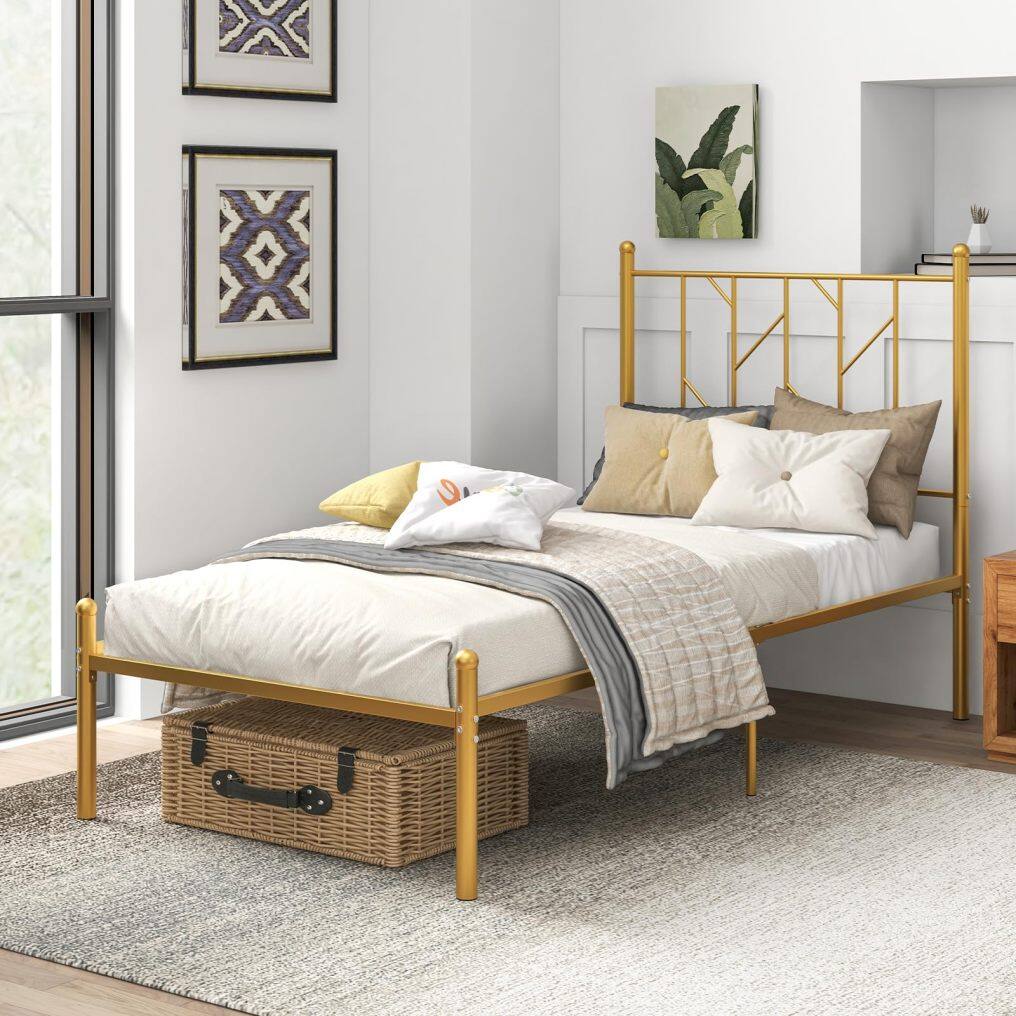 KOMFOTT Gold Twin Metal Platform Bed Frame, Heavy-Duty Metal Bed Frame with Sturdy Slats Support