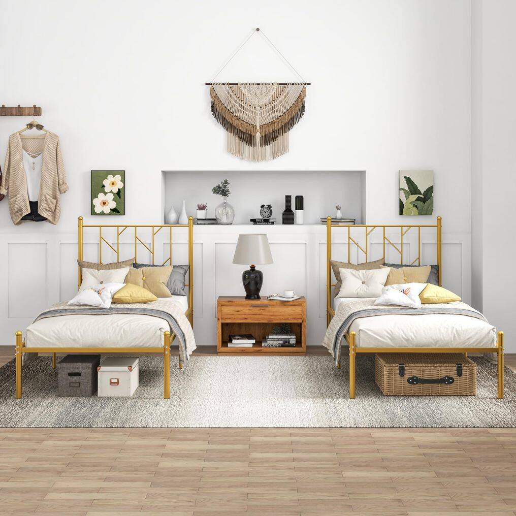 KOMFOTT Gold Twin Metal Platform Bed Frame, Heavy-Duty Metal Bed Frame with Sturdy Slats Support