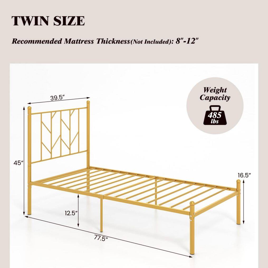 KOMFOTT Gold Twin Metal Platform Bed Frame, Heavy-Duty Metal Bed Frame with Sturdy Slats Support
