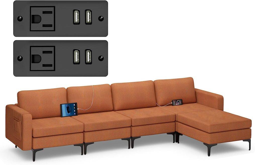 Modern Oversized Modular Sectional Sofa, 4-Seat Fabric Chaise Lounge Sleeper with Built-in Sockets & USB Ports