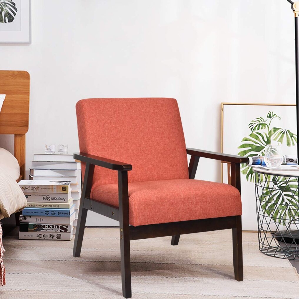 Solid Hardwood Made Mid-Century Modern Accent Chair | Retro Fabric Armchair