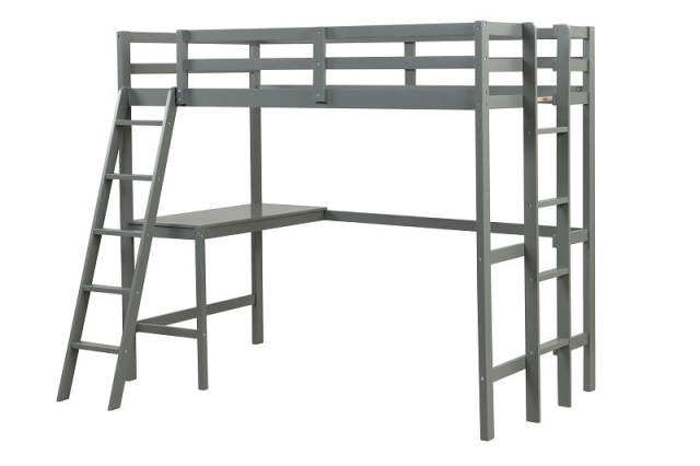 KOMFOTT Twin Loft Bed with Desk, Solid Wood Loft Bed Frame with 2 Ladders, Safety Guardrail for Teenagers and Adults