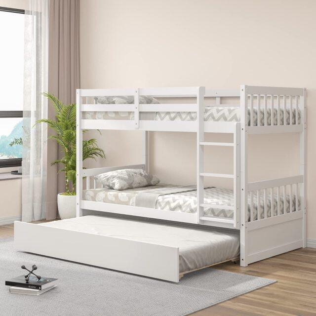 KOMFOTT Wood Bunk Bed with Trundle Twin Over Twin, Convertible Bed Frame with Ladder, Solid Wood Frame & Safety Guardrails