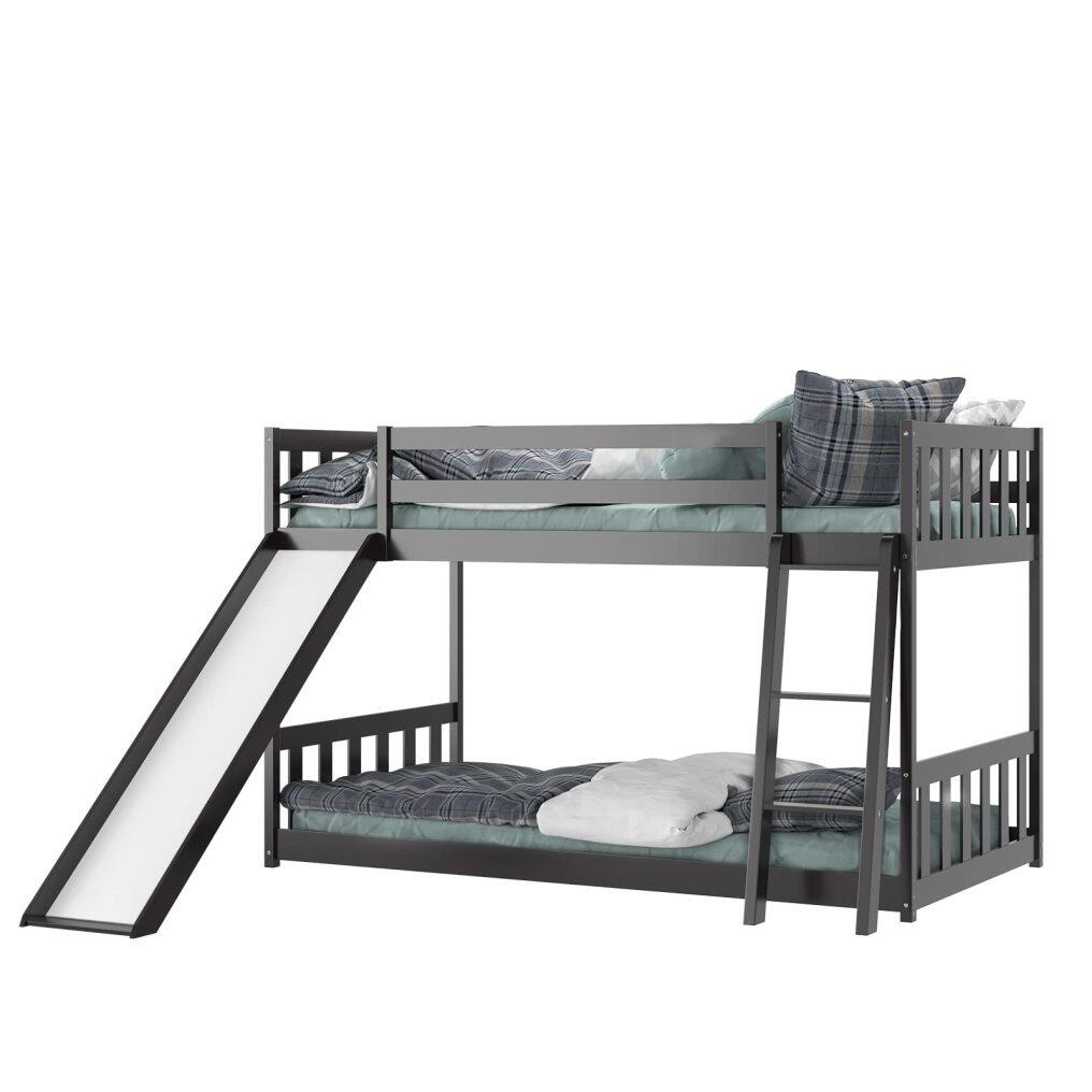 KOMFOTT Wood Bunk Bed Twin Over Twin, Bunk Bed Frame w/ Convertible Slide, Inclined Ladder & Safety Guardrails for Kids