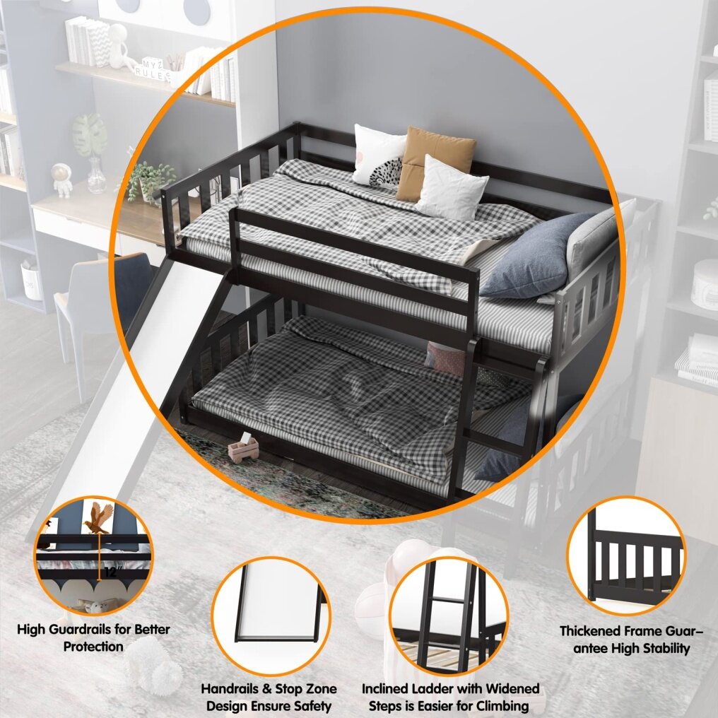 KOMFOTT Wood Bunk Bed Twin Over Twin, Bunk Bed Frame w/ Convertible Slide, Inclined Ladder & Safety Guardrails for Kids