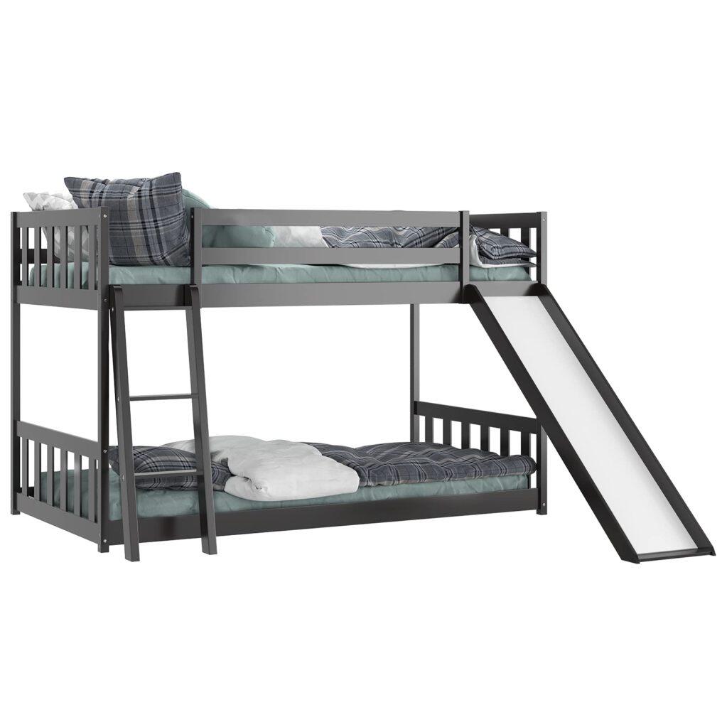 KOMFOTT Wood Bunk Bed Twin Over Twin, Bunk Bed Frame w/ Convertible Slide, Inclined Ladder & Safety Guardrails for Kids