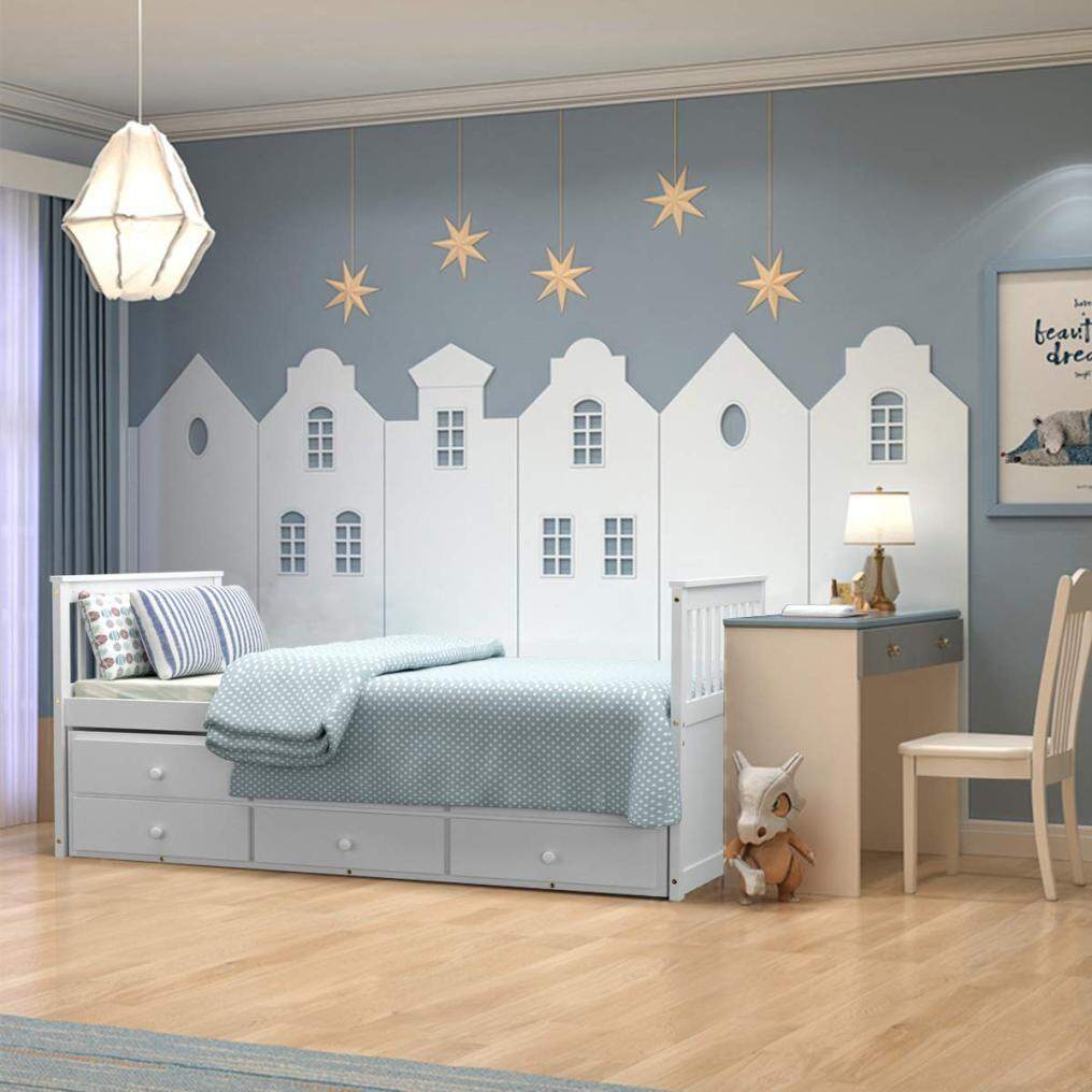 KOMFOTT Wooden Captain Bed Twin Size with Drawers and Trundle Bed