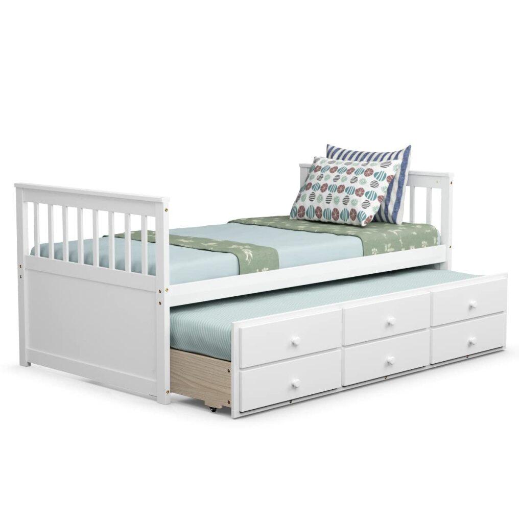 KOMFOTT Wooden Captain Bed Twin Size with Drawers and Trundle Bed