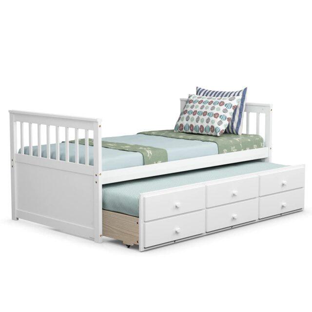 KOMFOTT Wooden Captain Bed Twin Size with Drawers and Trundle Bed