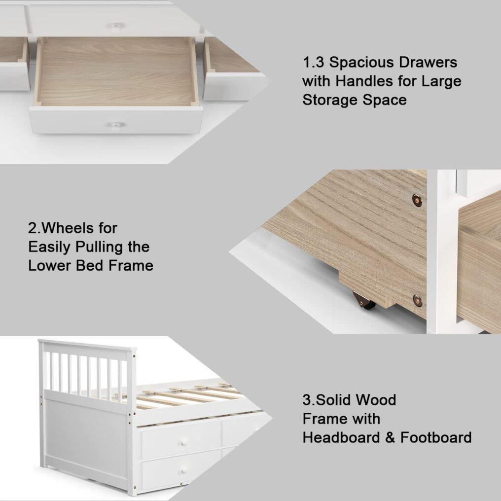 KOMFOTT Wooden Captain Bed Twin Size with Drawers and Trundle Bed