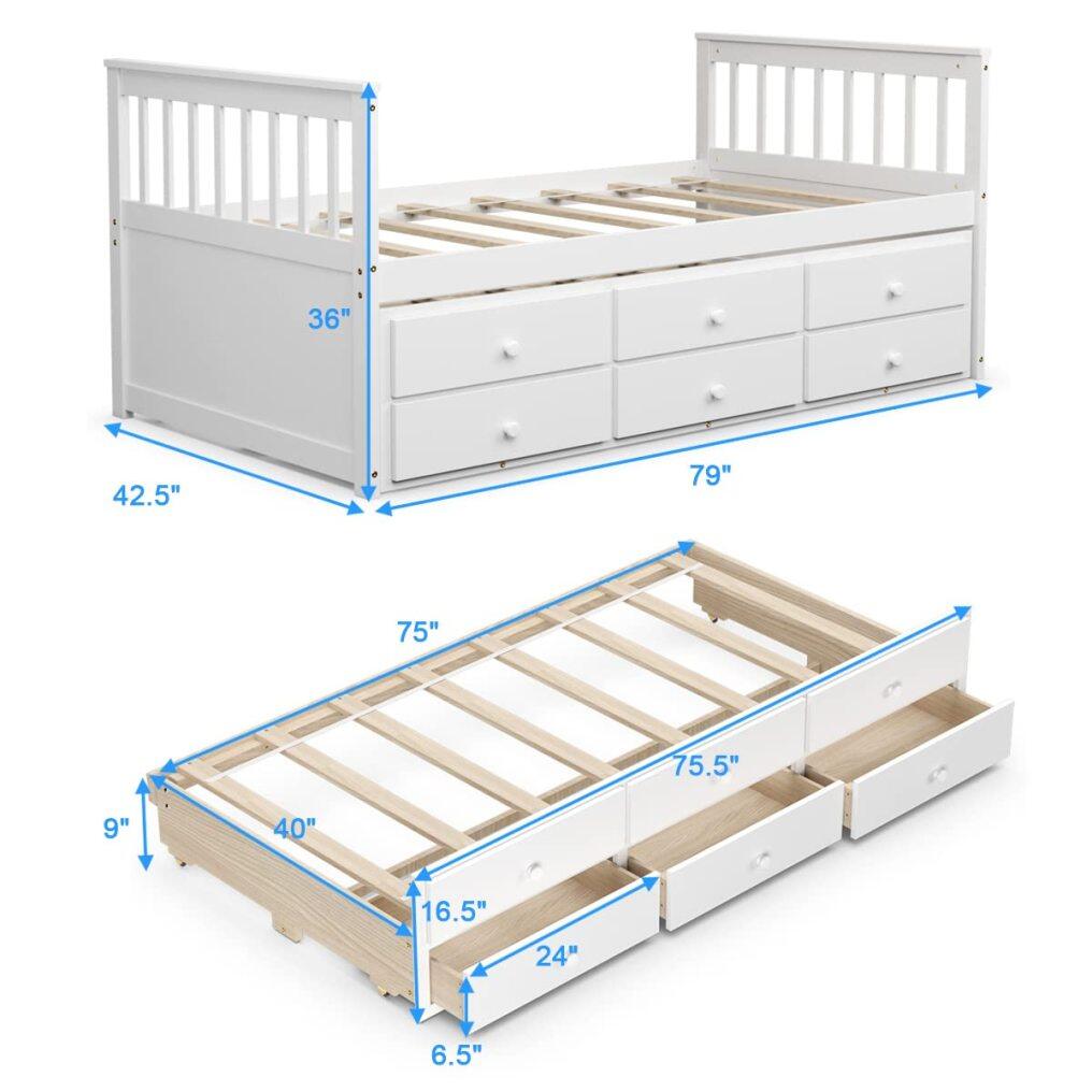 KOMFOTT Wooden Captain Bed Twin Size with Drawers and Trundle Bed