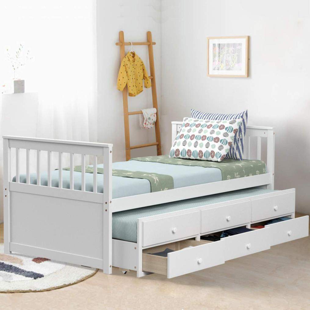 KOMFOTT Wooden Captain Bed Twin Size with Drawers and Trundle Bed