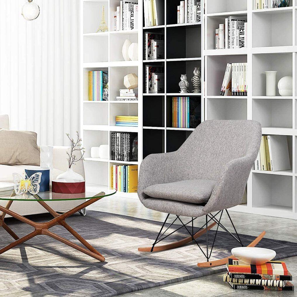 Accent Rocking Chair with Cushion | Upholstered Rocking Arm Chair (Grey)