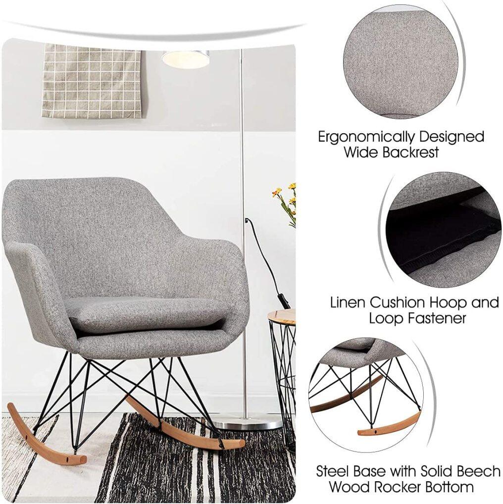 Accent Rocking Chair with Cushion | Upholstered Rocking Arm Chair (Grey)