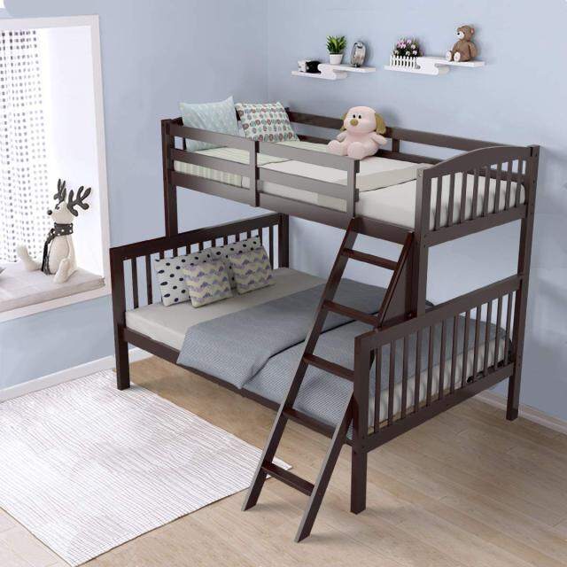Solid Rubber Wood Bunk Loft Bed Frame with Ladder and Guardrail, for Teens and Kids