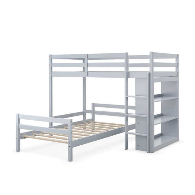 KOMFOTT Bunk Bed Twin Over Twin, Convertible Wooden Loft Bed Frame with 3-Tier Bookcase