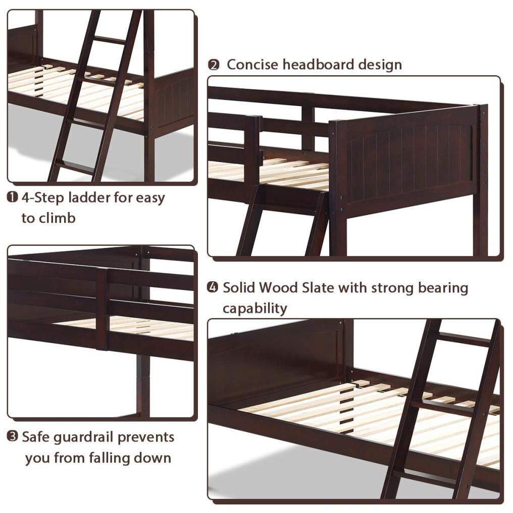 KOMFOTT Twin Over Twin Bunk Beds, Convertible Into Two Individual Solid Rubber Wood Beds, Children Stylish Sleeping Bedroom Furniture