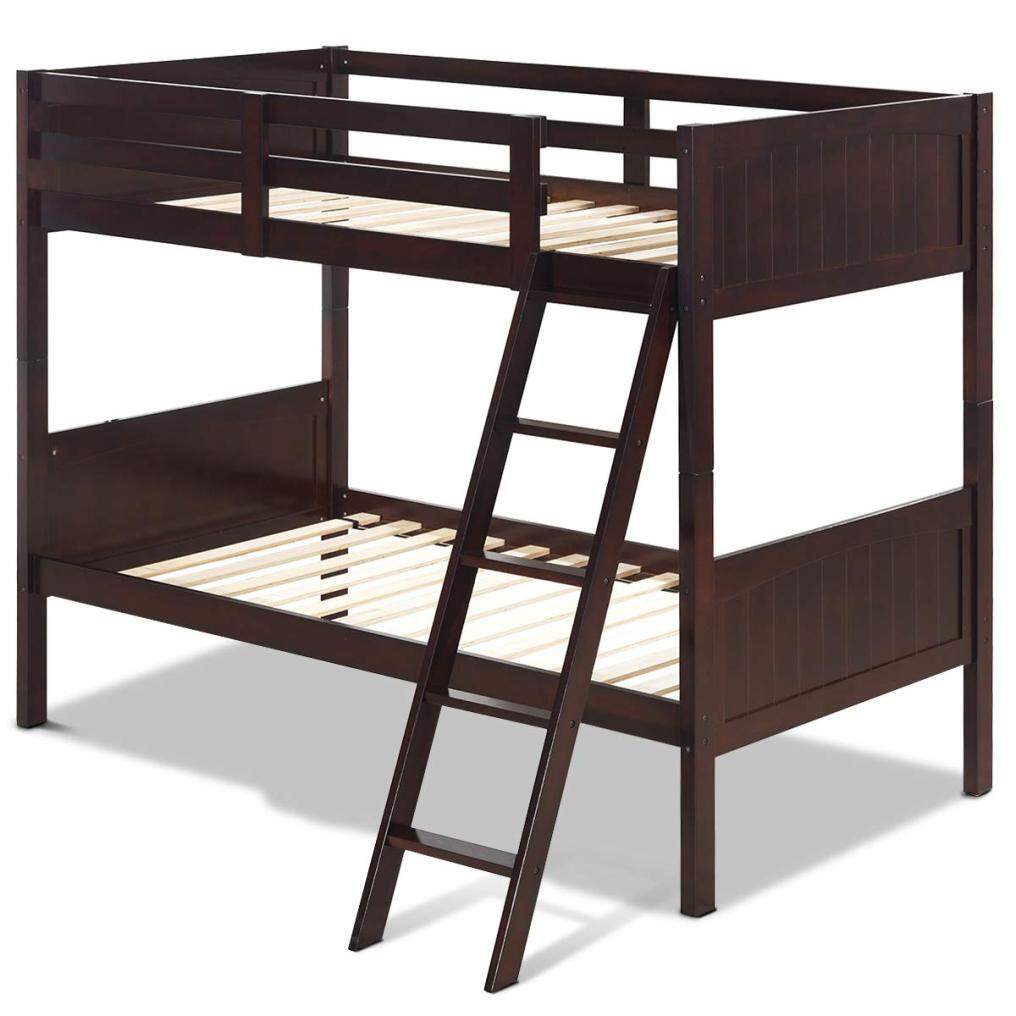 KOMFOTT Twin Over Twin Bunk Beds, Convertible Into Two Individual Solid Rubber Wood Beds, Children Stylish Sleeping Bedroom Furniture