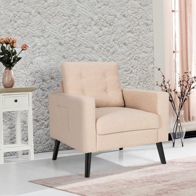 Linen Fabric Armchairs with Side Pockets and Wood Legs | Modern Accent Chair