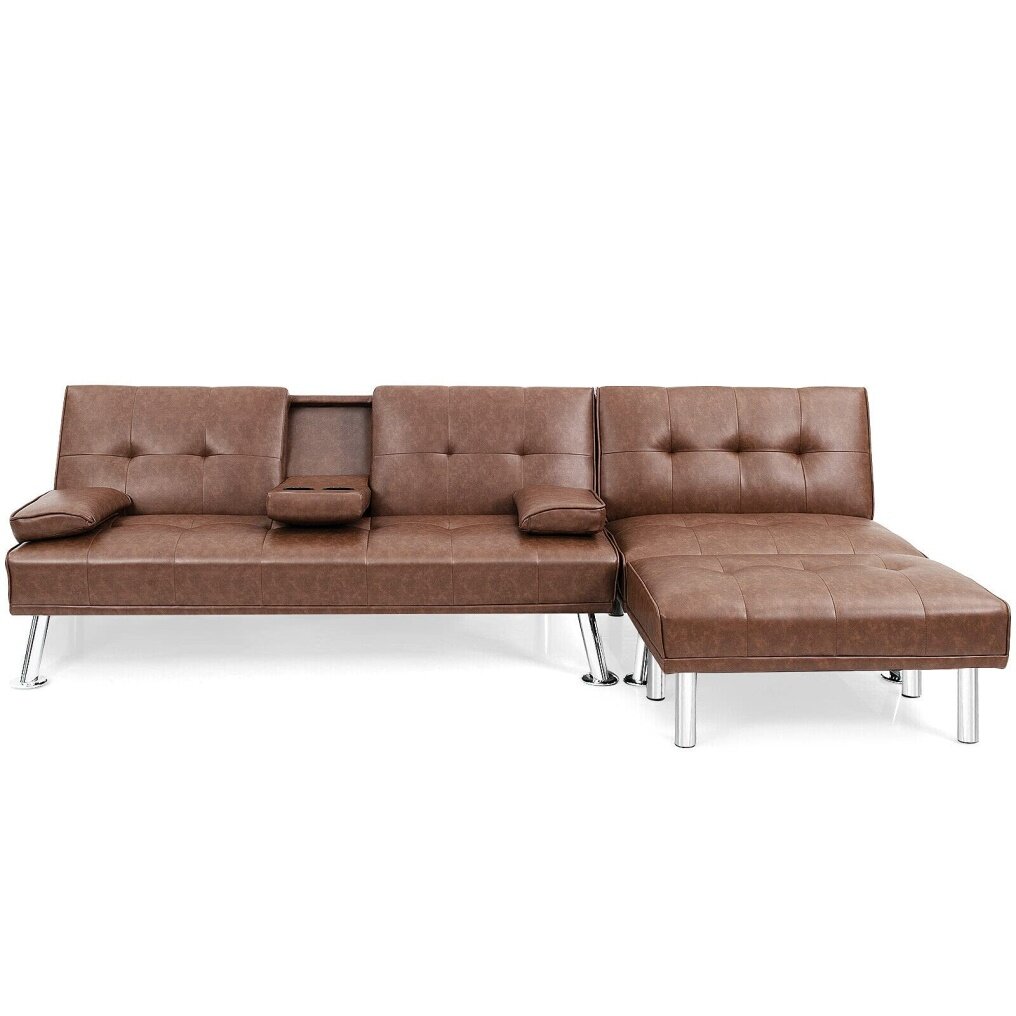 L-Shape 3 Pieces Convertible Sectional Sofa Set with Cup Holders and Ottoman