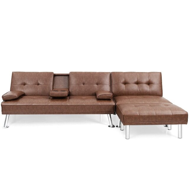 L-Shape 3 Pieces Convertible Sectional Sofa Set with Cup Holders and Ottoman