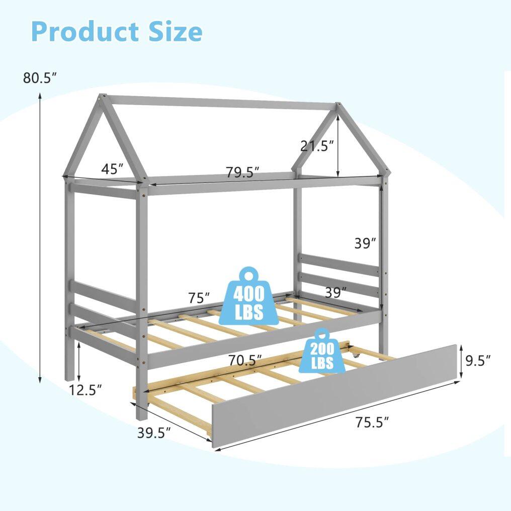 House Bed with Trundle, Solid Wood Twin Size Daybed for Girls & Boys, Kids Platform Bed Frame with Roof for Bedroom, No Box Spring Needed