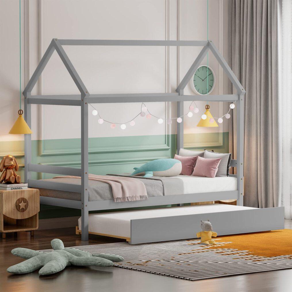 House Bed with Trundle, Solid Wood Twin Size Daybed for Girls & Boys, Kids Platform Bed Frame with Roof for Bedroom, No Box Spring Needed