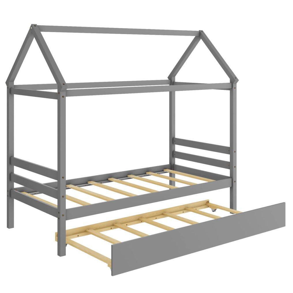 House Bed with Trundle, Solid Wood Twin Size Daybed for Girls & Boys, Kids Platform Bed Frame with Roof for Bedroom, No Box Spring Needed