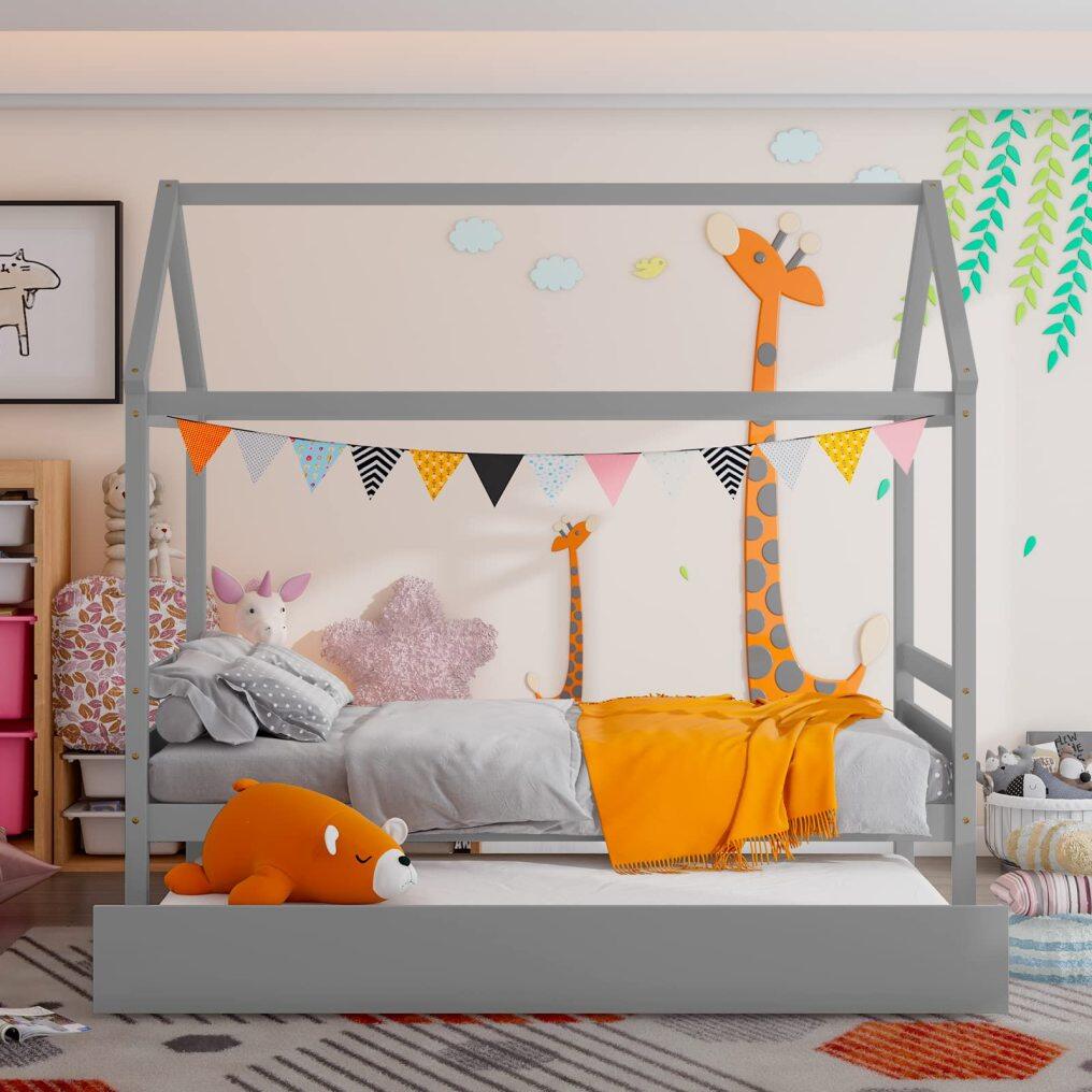 House Bed with Trundle, Solid Wood Twin Size Daybed for Girls & Boys, Kids Platform Bed Frame with Roof for Bedroom, No Box Spring Needed