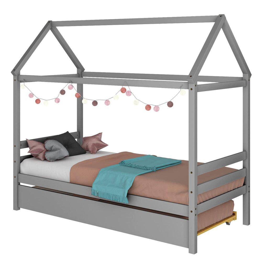 House Bed with Trundle, Solid Wood Twin Size Daybed for Girls & Boys, Kids Platform Bed Frame with Roof for Bedroom, No Box Spring Needed