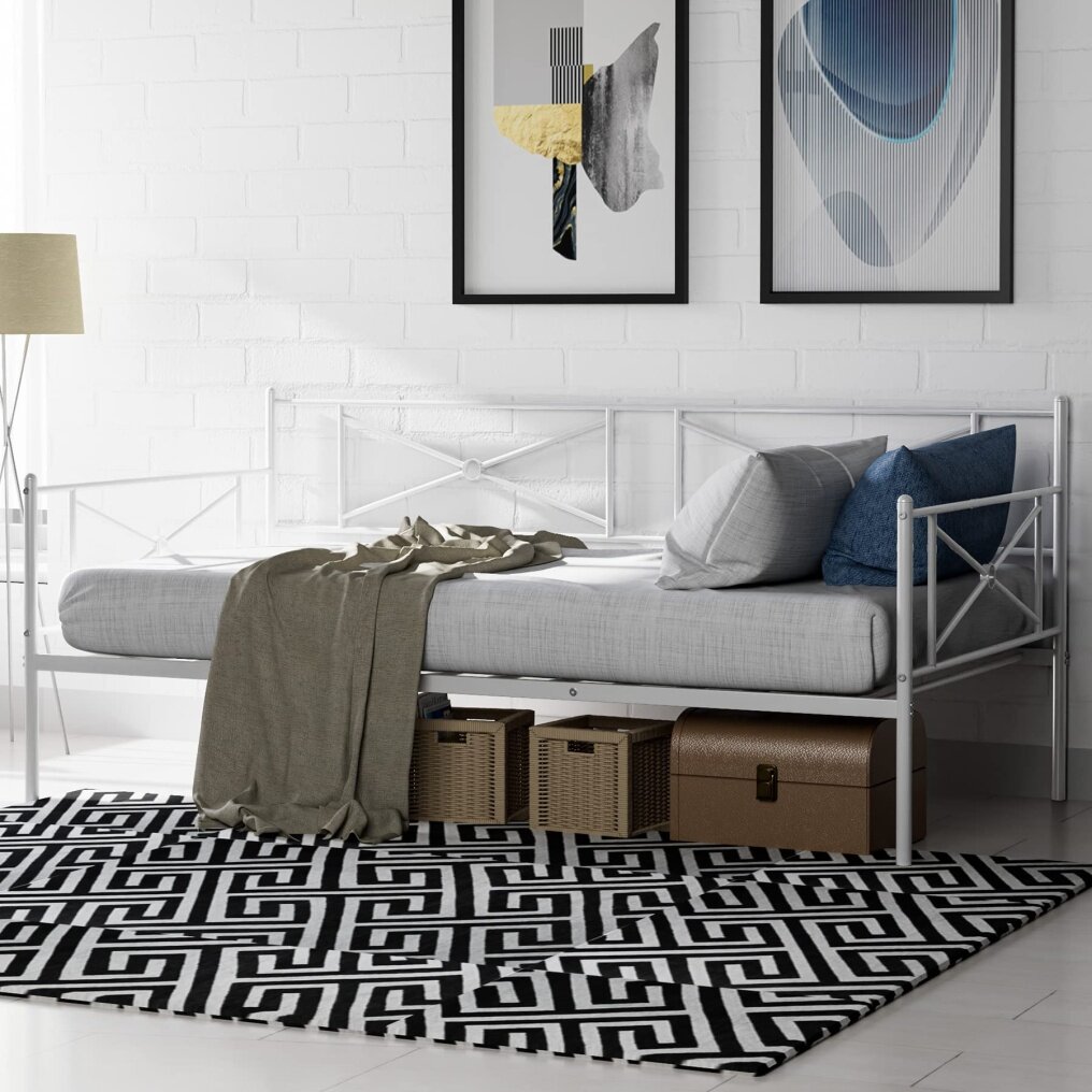 KOMFOTT Metal Daybed Frame, Twin Bed Frame with Steel Slats Support, Sofa Mattress Foundation with Headboard