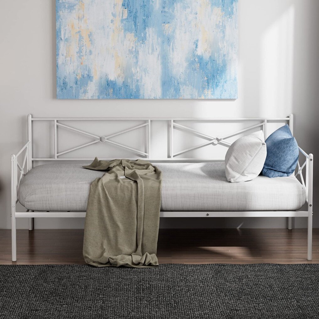 KOMFOTT Metal Daybed Frame, Twin Bed Frame with Steel Slats Support, Sofa Mattress Foundation with Headboard