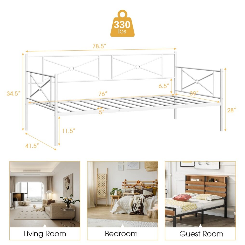 KOMFOTT Metal Daybed Frame, Twin Bed Frame with Steel Slats Support, Sofa Mattress Foundation with Headboard